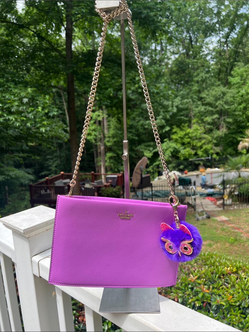 kate spade pink-purple saffiano crossbody with gold chain & owl charm NWT